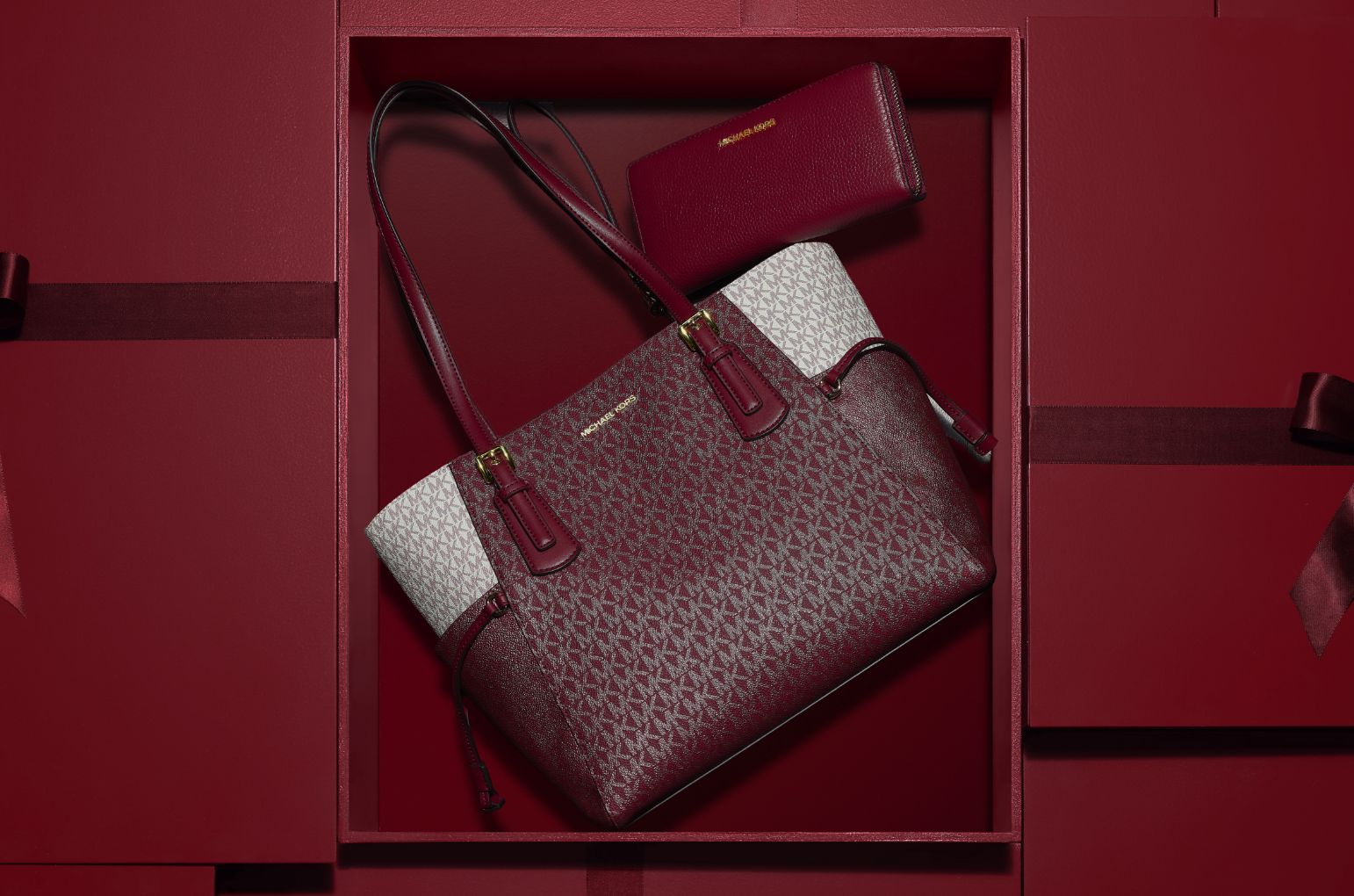 dark red tote bag and wallet