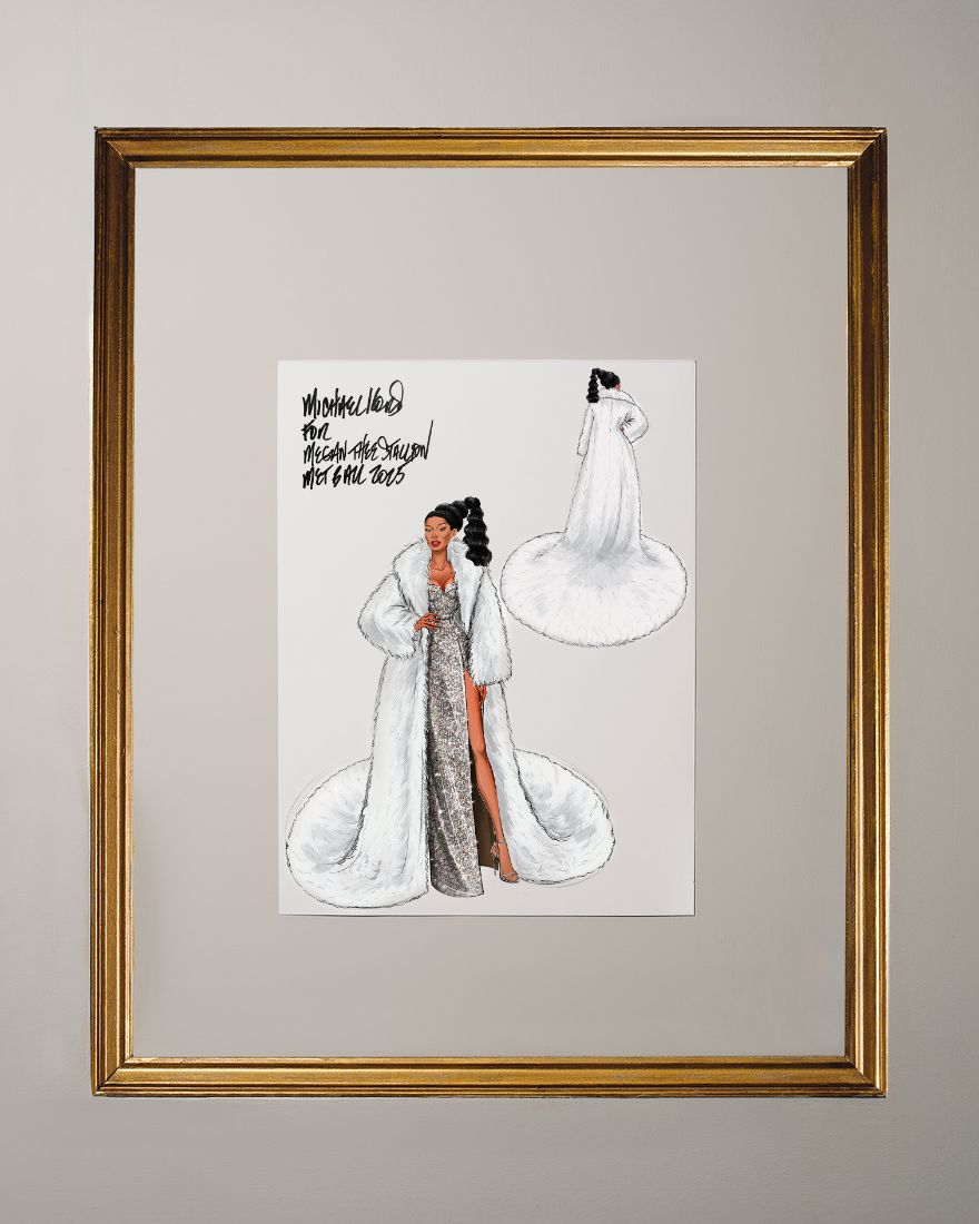 Esquisse de la robe en dentelle florale sur mesure de la collection Michael Kors portée par Megan Thee Stallion