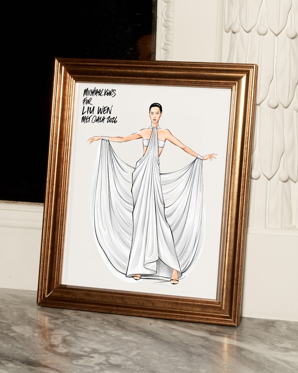 croquis de la robe drap&eacute;e en jersey cr&ecirc;pe blanc