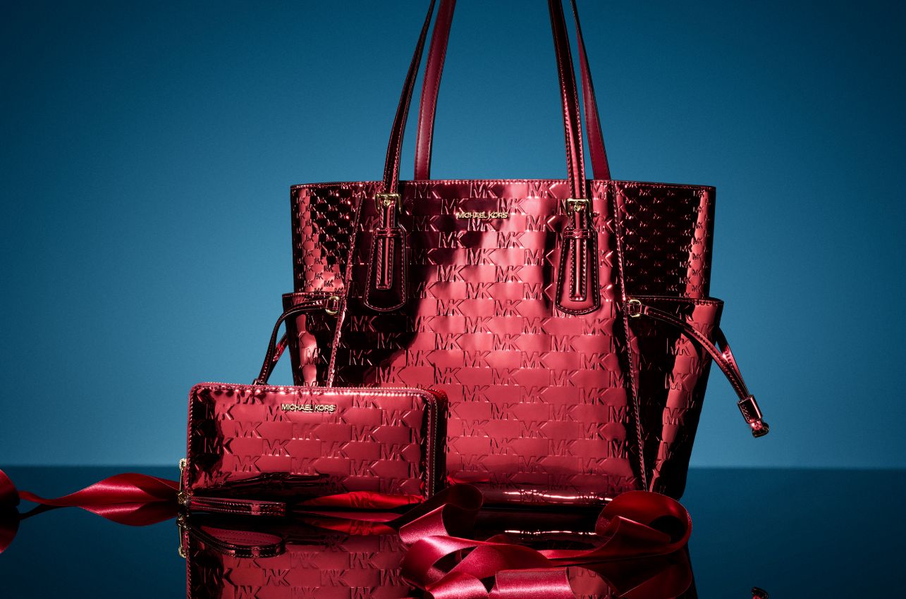 metallic red handbag and wallet
