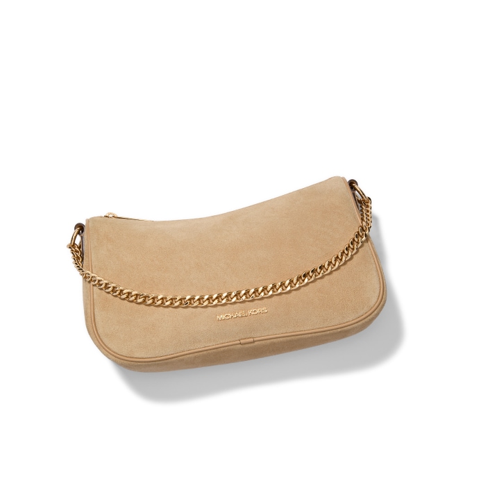 suede brown handbag with gold chain