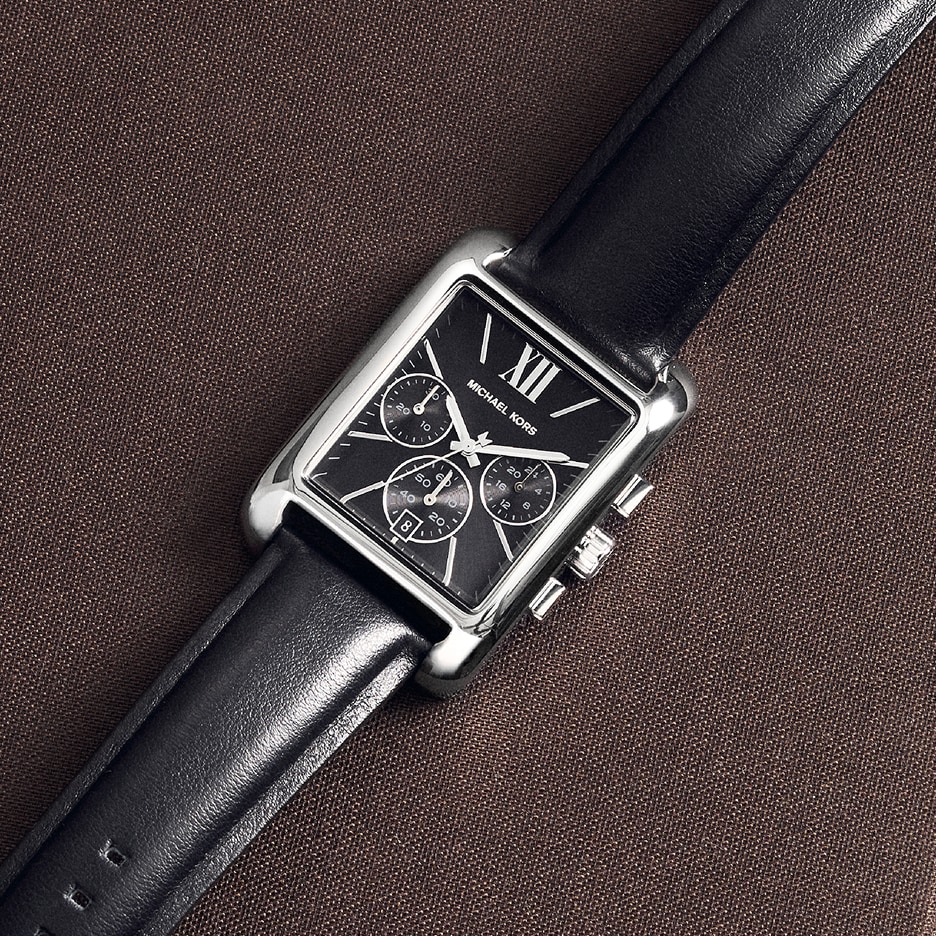 black leather wristwatch