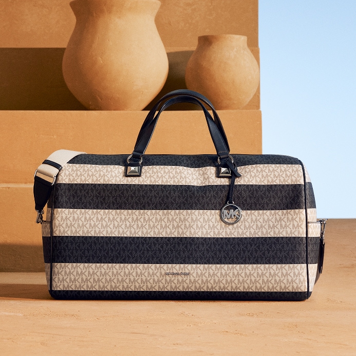 blue and white striped satchel