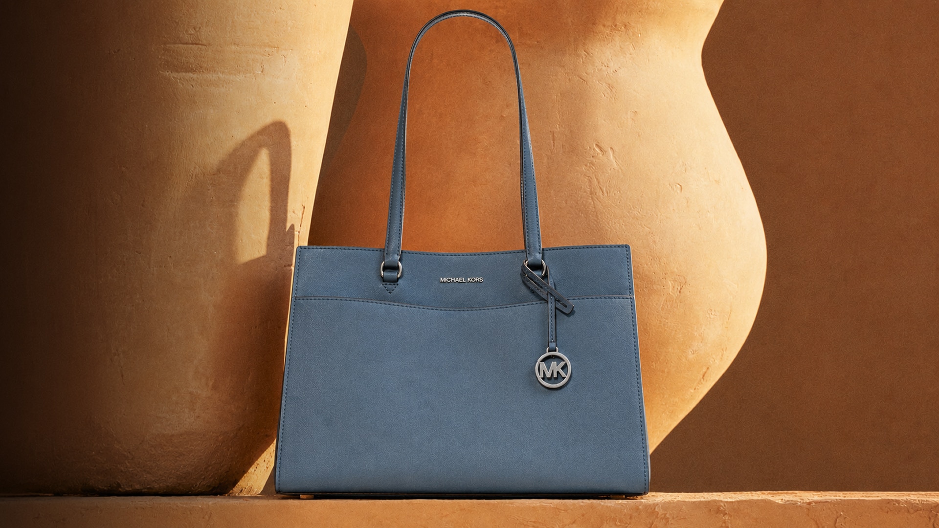 blue leather handbag