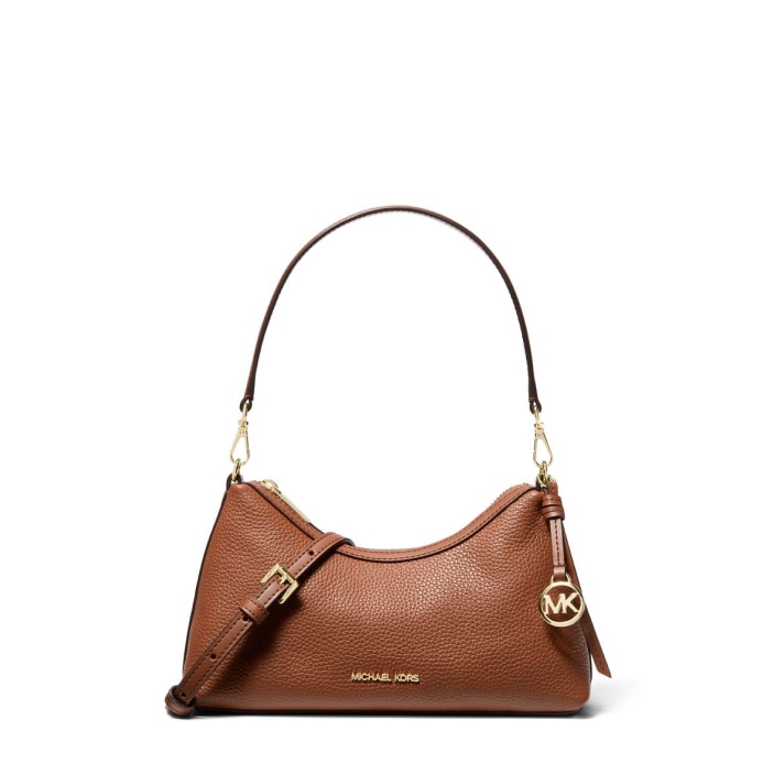 suede brown handbag with gold chain