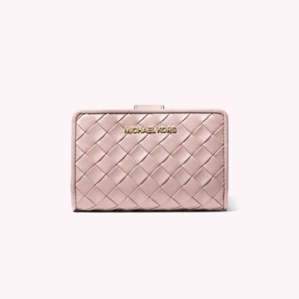 pink woven wallet