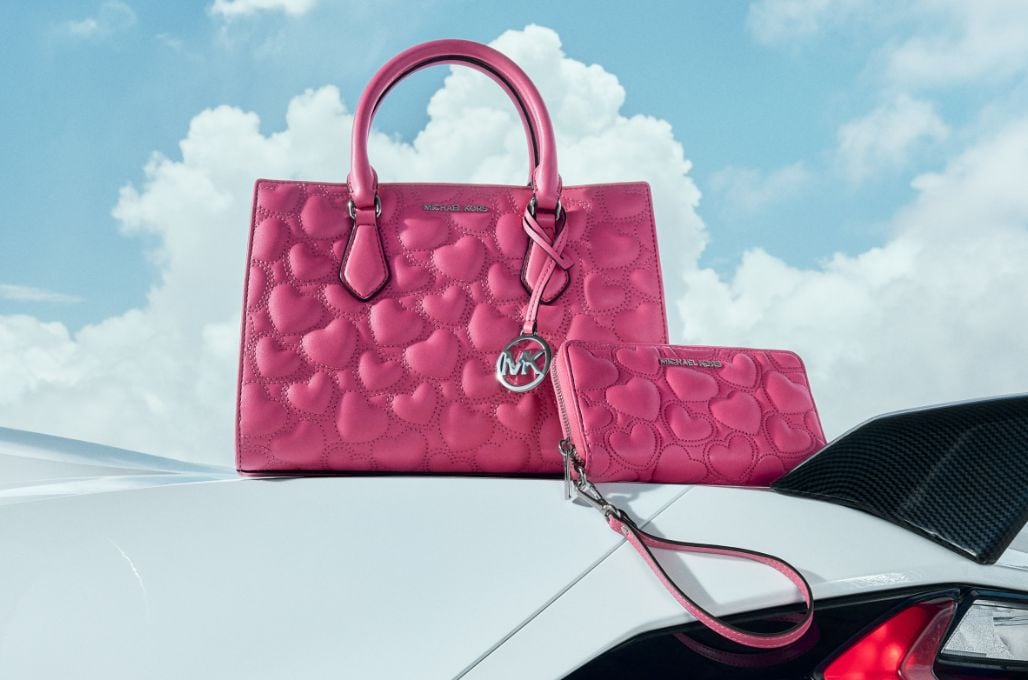 pink heart patterned handbag and wallet