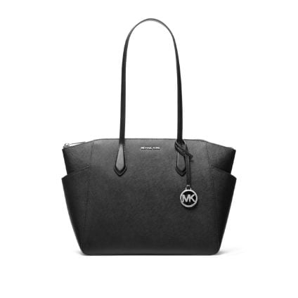 sac fourre-tout en cuir noir avec porte-cl&eacute;s &agrave; breloque MK