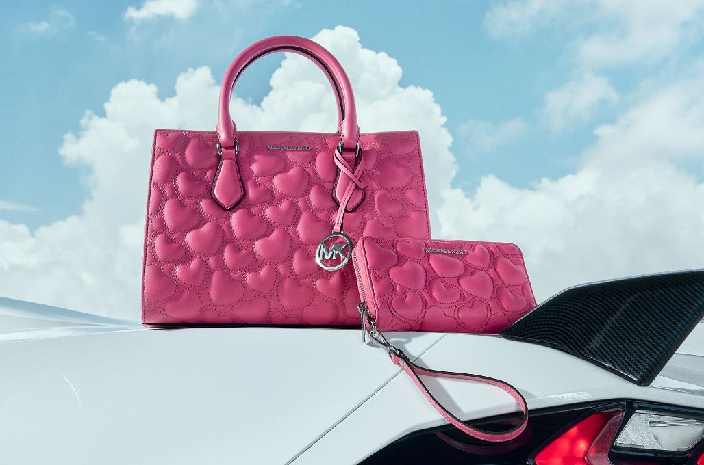 pink heart patterned handbag and wallet