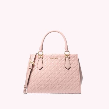 pink woven satchel bag