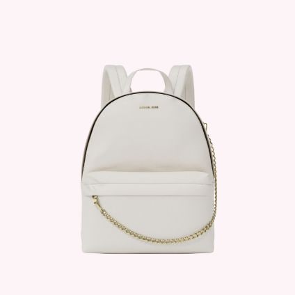 white leather backpack with gold chain