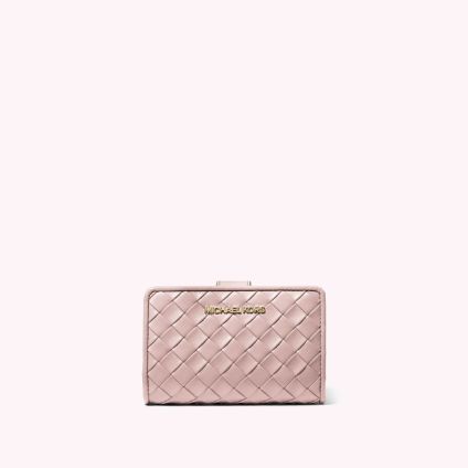 pink woven wallet