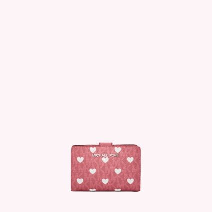 portefeuille rose &agrave; motif de c&oelig;urs blancs