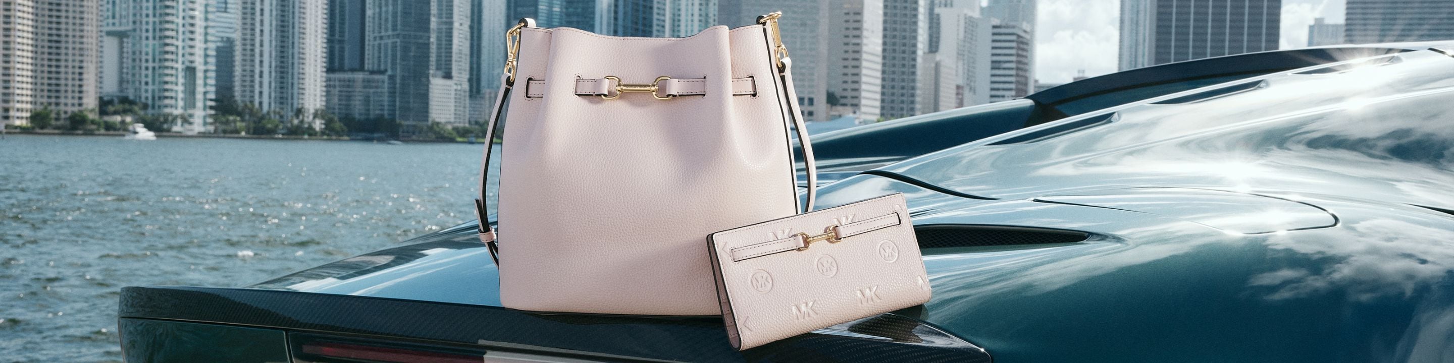 pink leather carson handbag and wallet