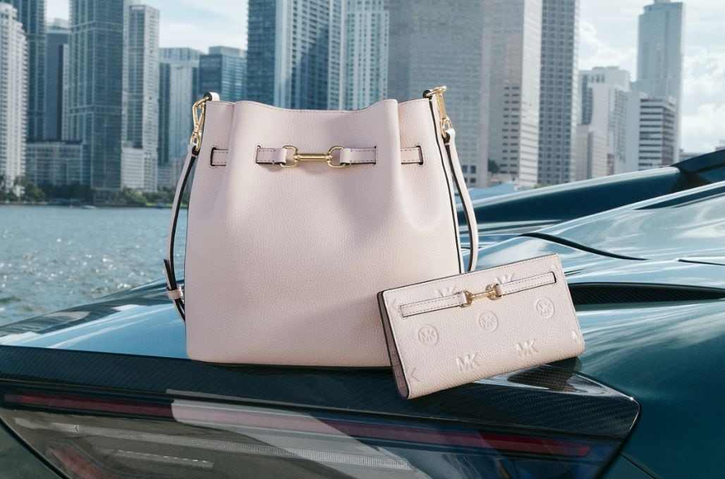 pink leather carson handbag and wallet