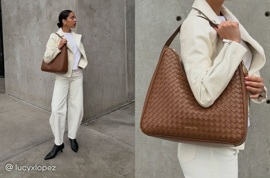 model with brown woven nayla handbag