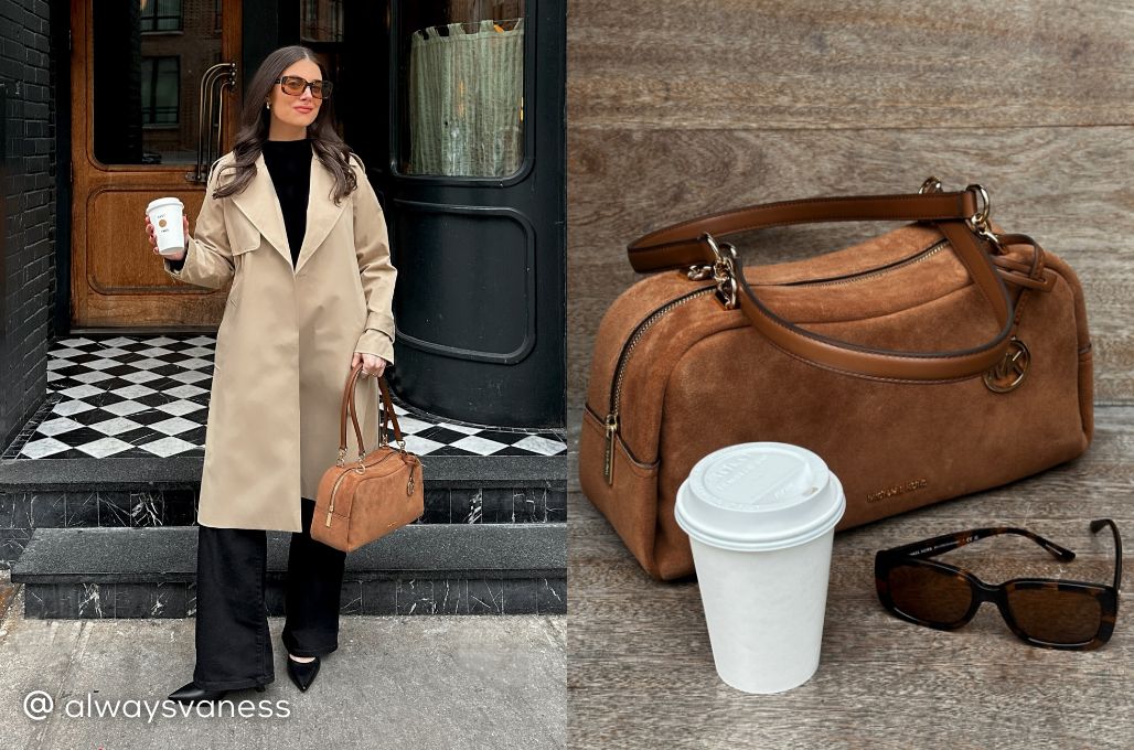 model holding brown cecily handbag