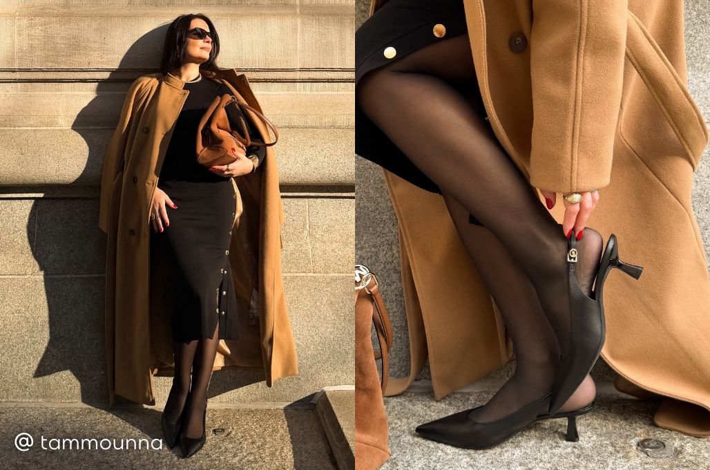 model wearing black slickback pump