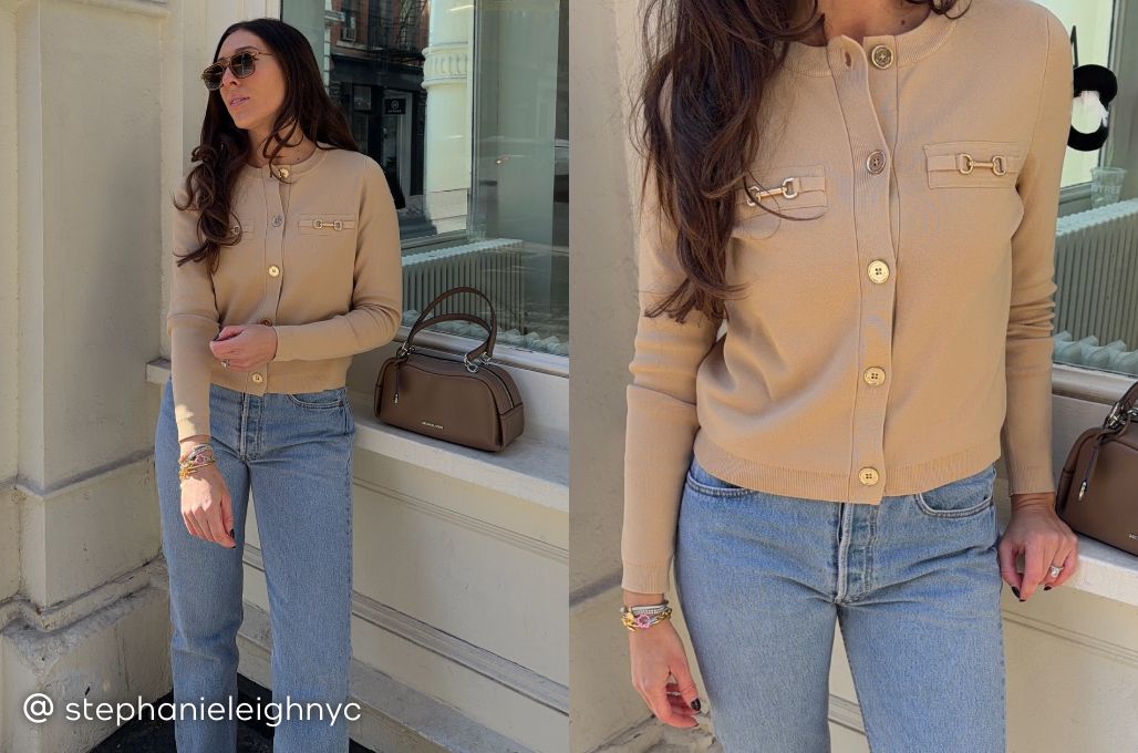 model wearing tan cardigan