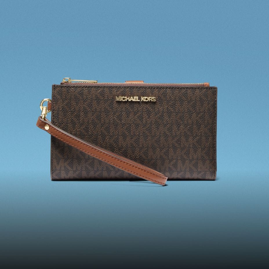 brown leather logo wristlet