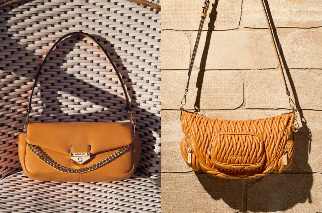 orange leather and woven handbags