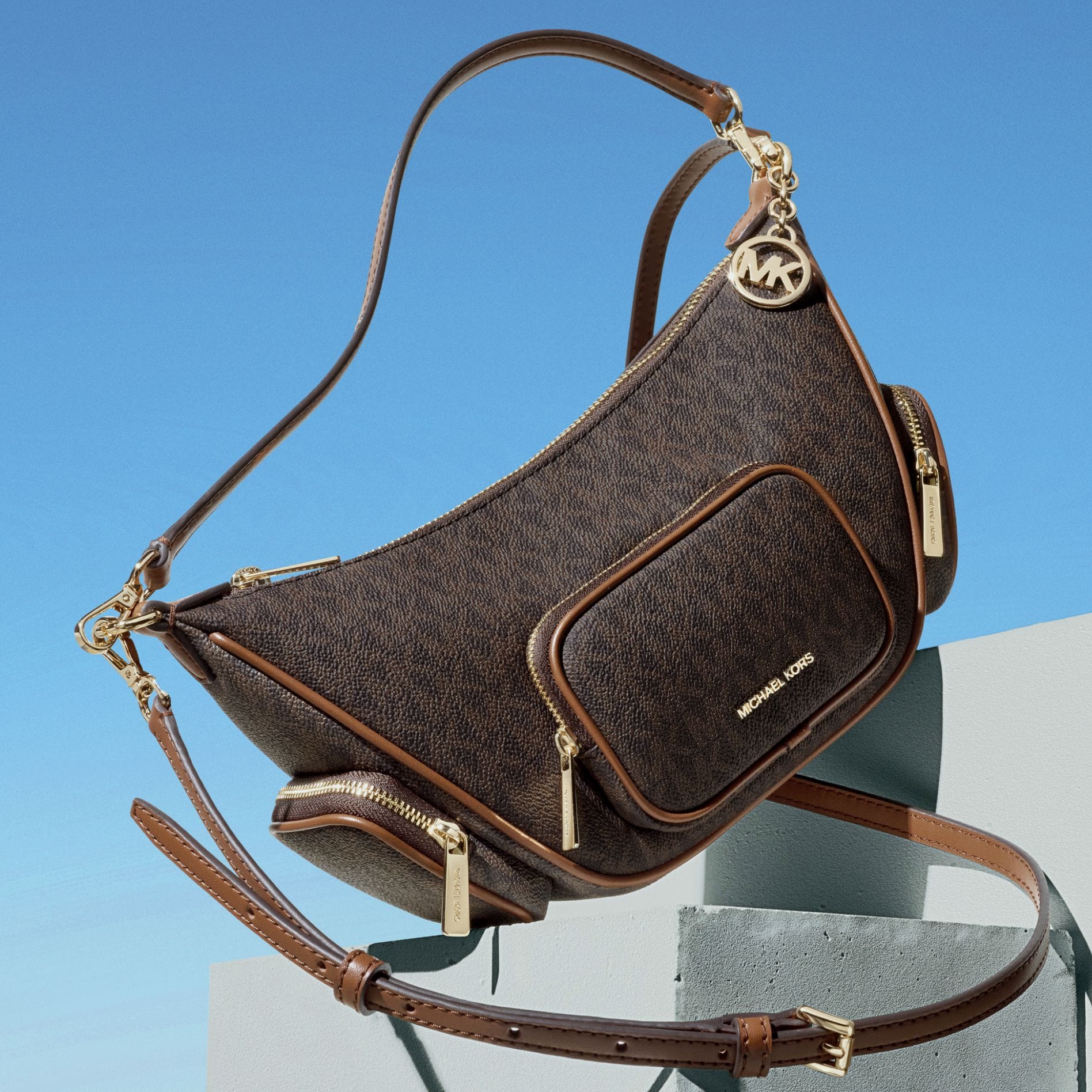 brown leather logo handbag