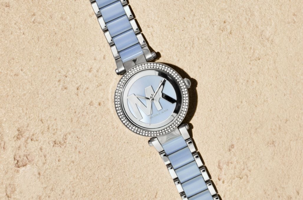 light blue and silver watch