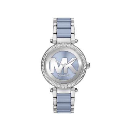 light blue and silver watch
