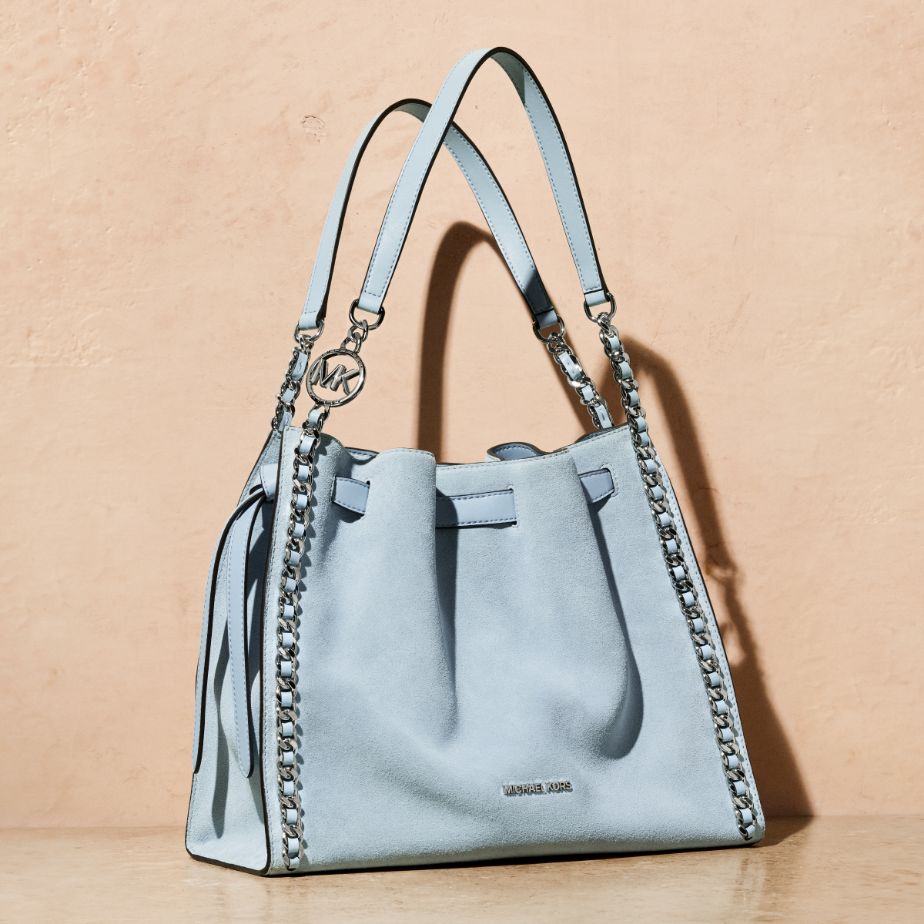 light blue suede shoulder bag