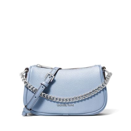 light blue leather mini bag with silver chain