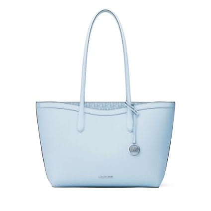 light blue leather tote bag