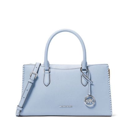 light blue leather satchel with silver MK key charm