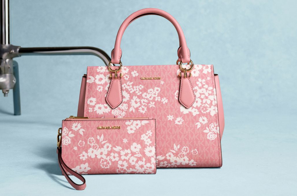 pink floral handbag and wallet