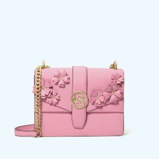 pink floral crosssbody bag with gold chain and MK logo