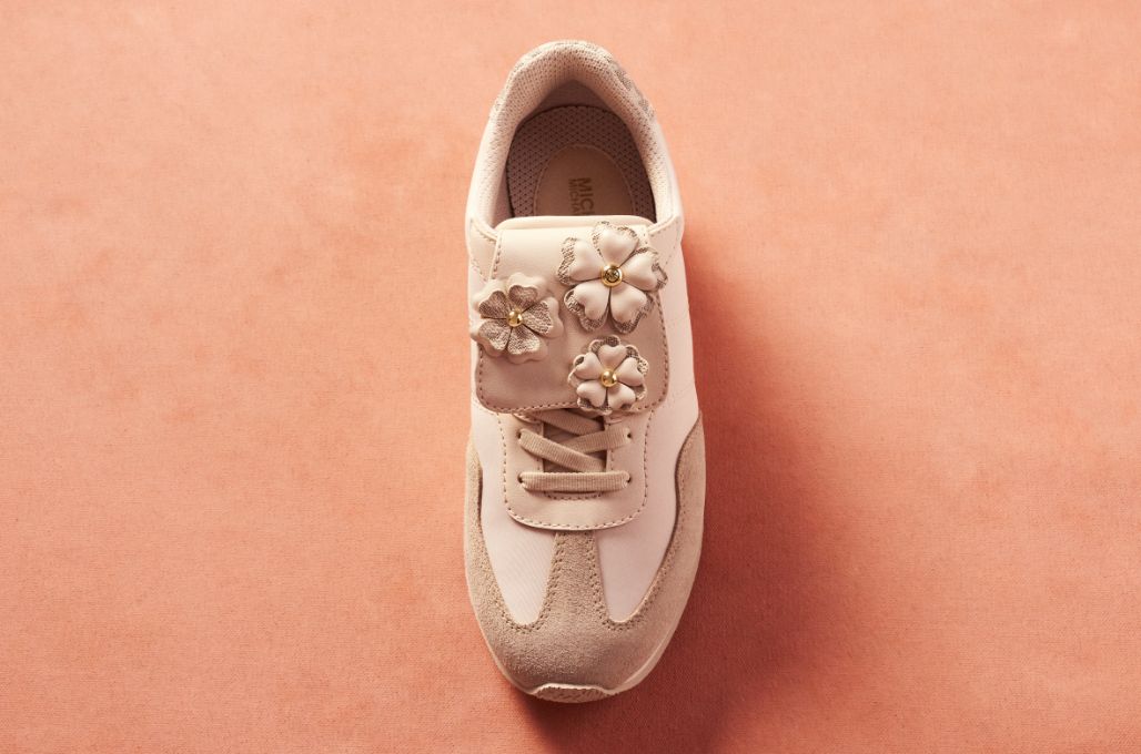 cream suede sneakers with flowers
