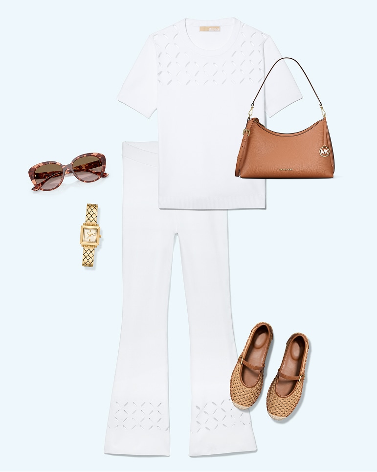 white outfit with brown accessories clothing layout