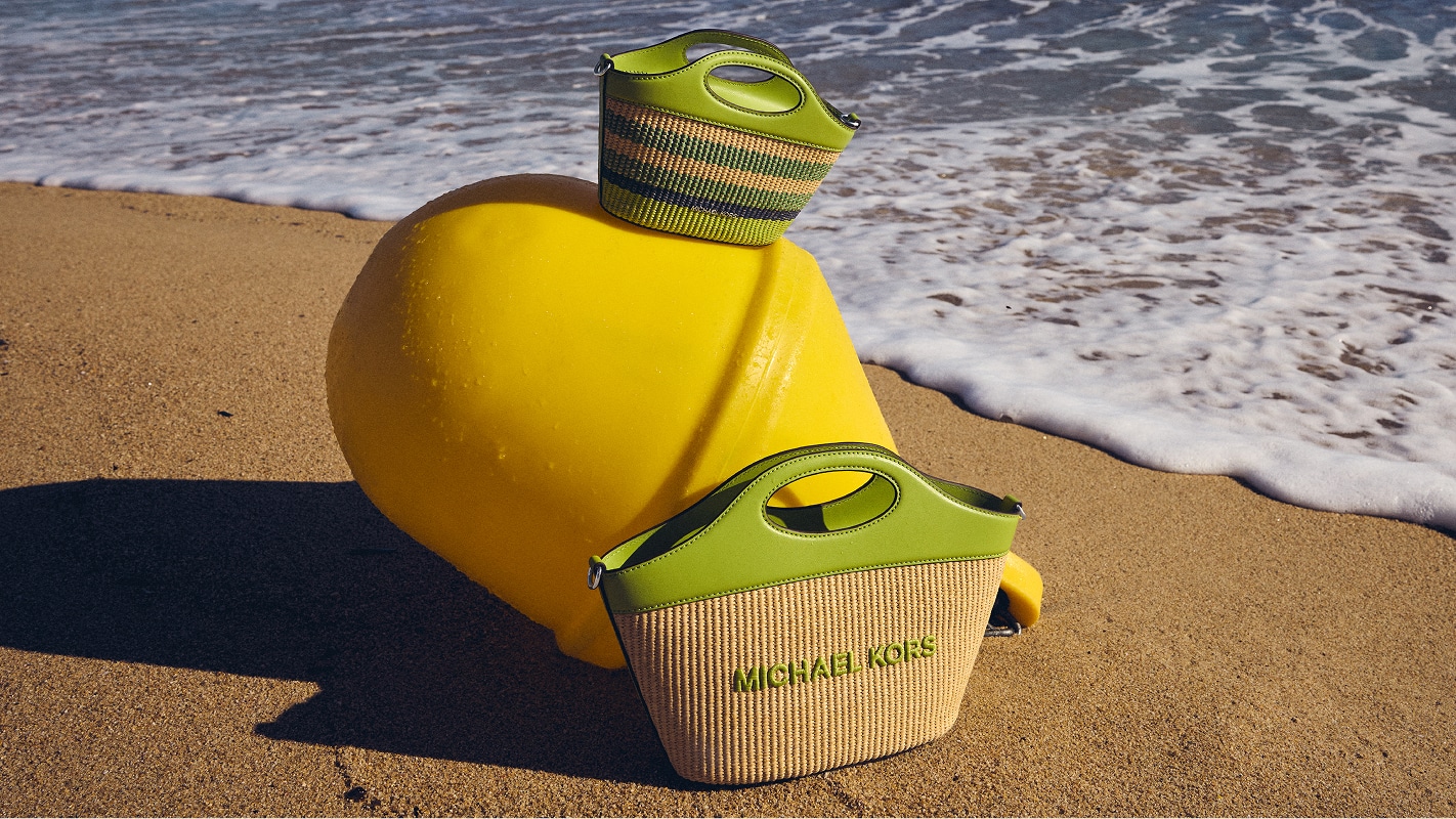 straw handbags with lime green accents