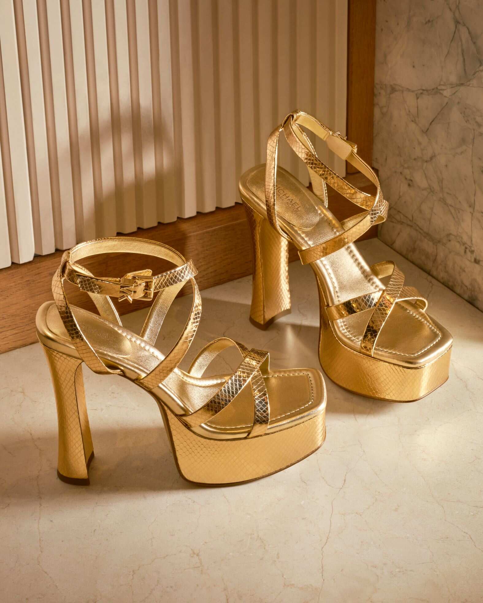 Michael Kors Collection Size 8 Gold Leather Chain Link High Heel Sandals   Shoes For Sale at 1stDibs