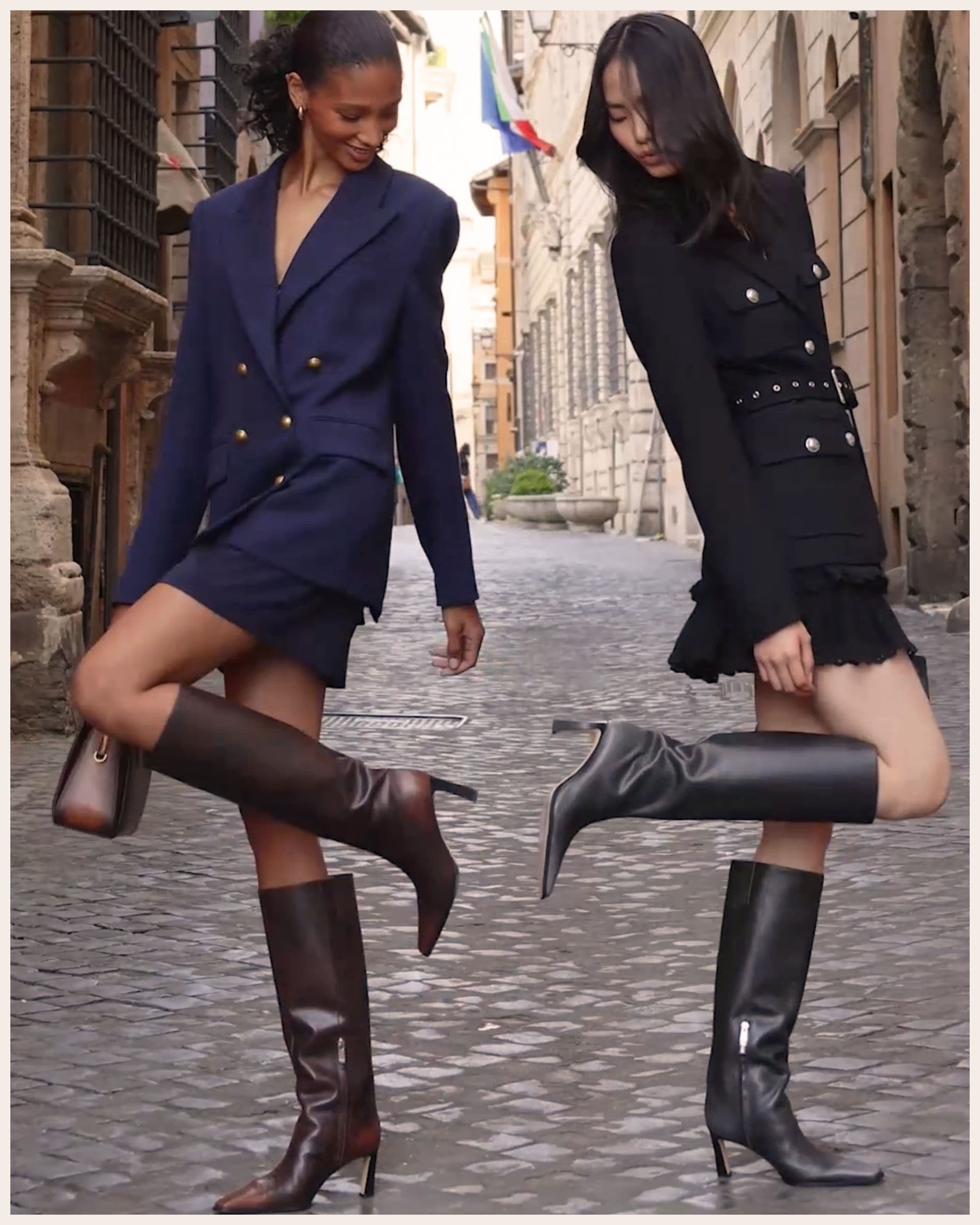 models wearing jacket and skirt set and boots
