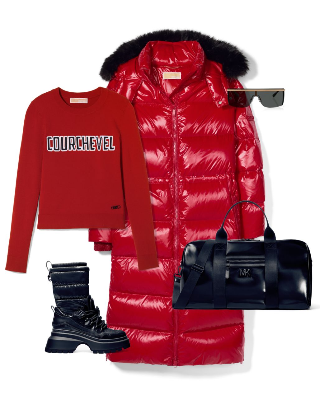 apres ski style. jacket, sweater, boots, duffle bag and sunglasses