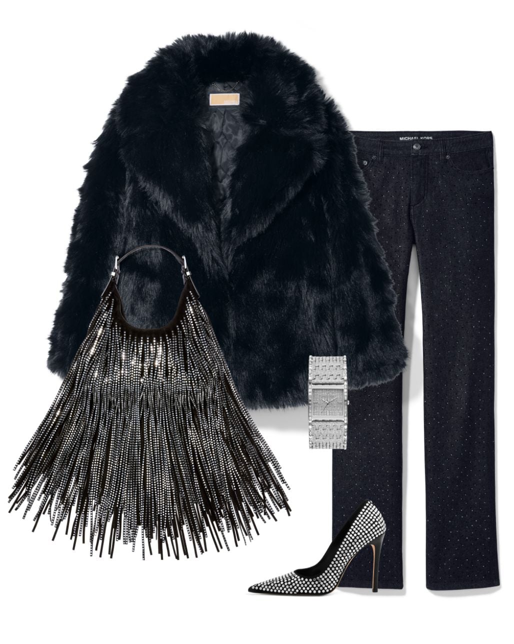 winter faux fur jacket, black jeans, studded bag and heels