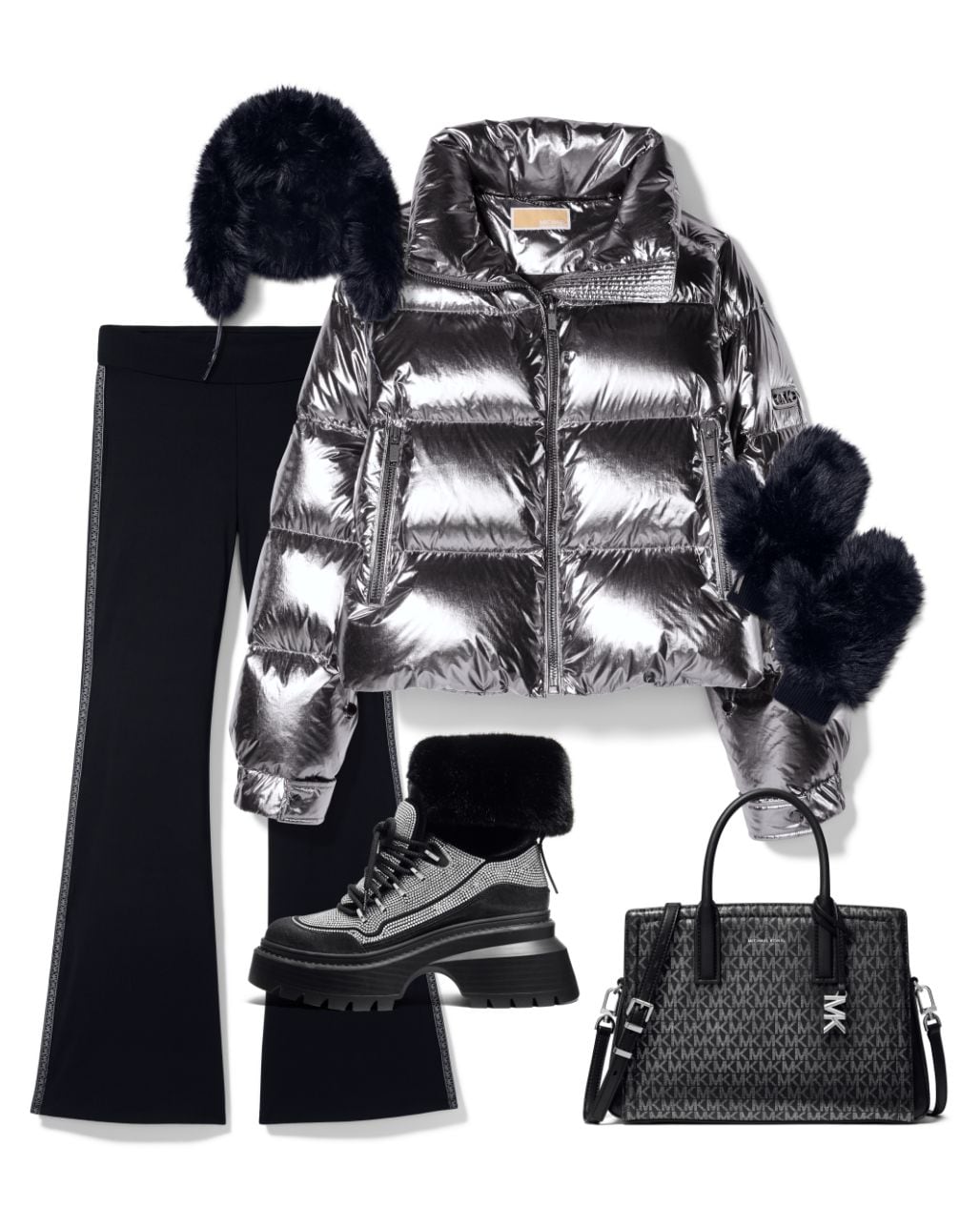 metallic coat, signature logo satchel, gloves and hat