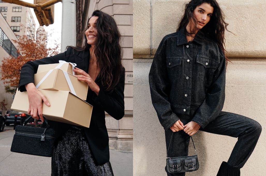 model in black shiny outfit