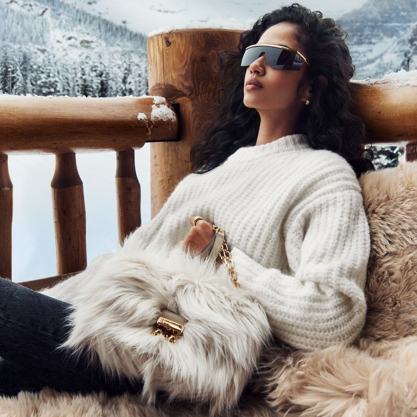 model with fur shoulder bag