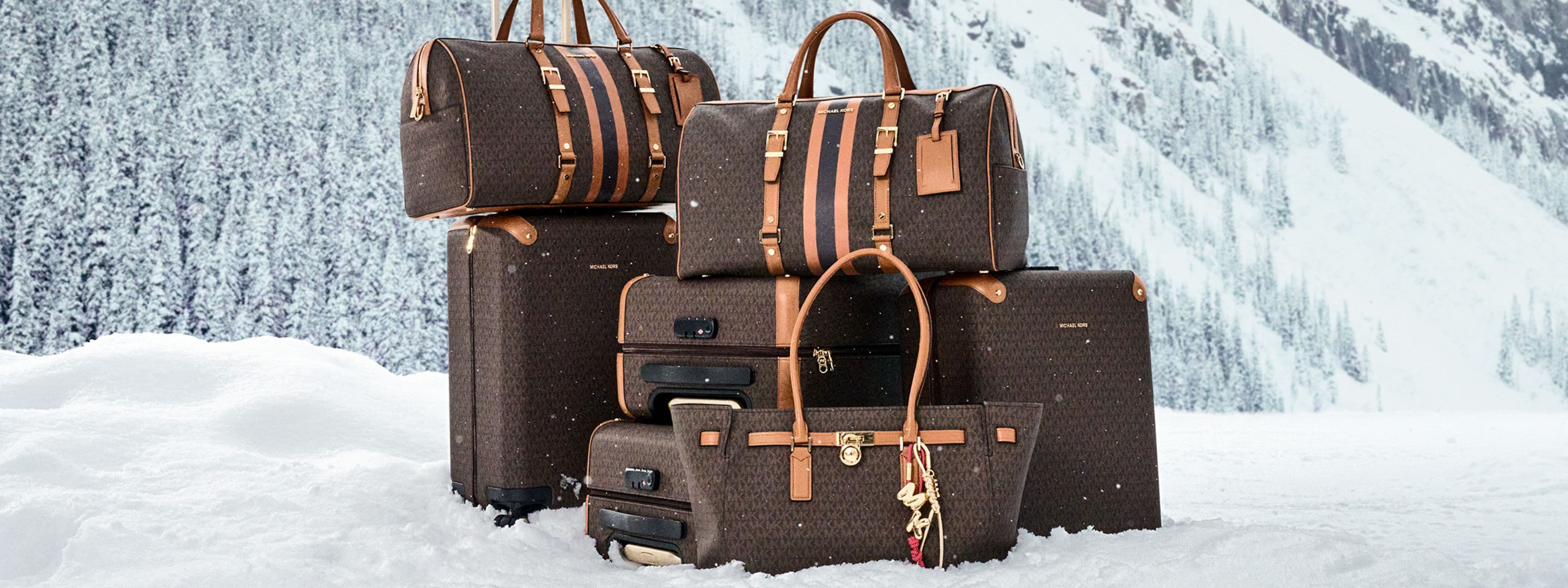 signature print luggage in snow