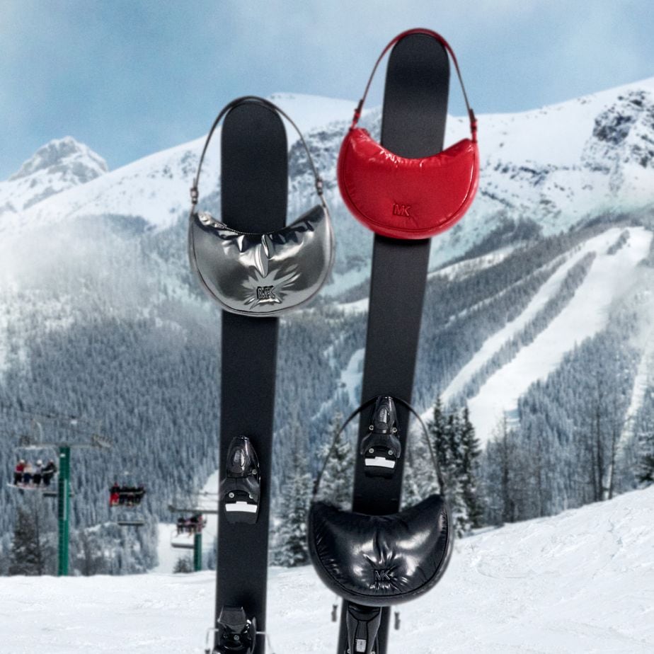 red, silver, and black mini bags on skis