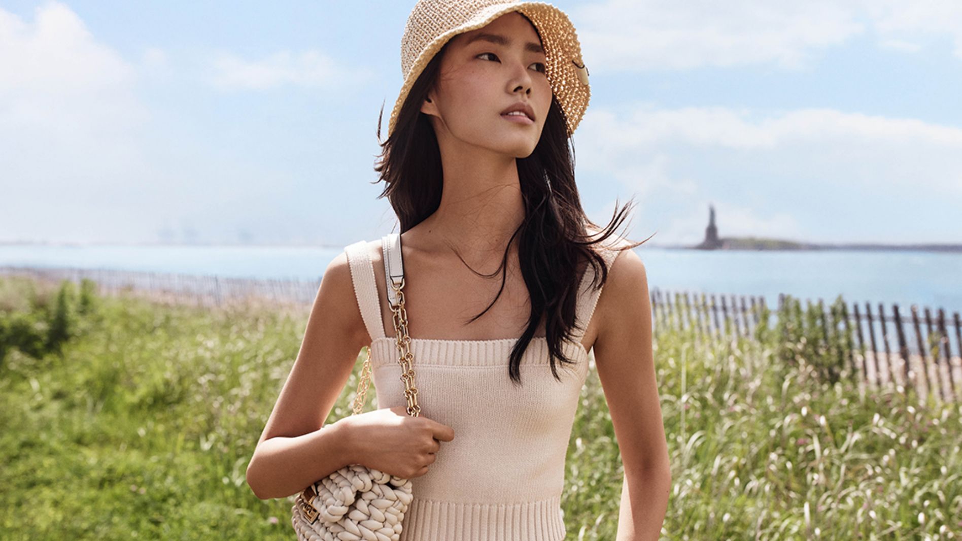 woven tribeca handbag and straw bucket hat