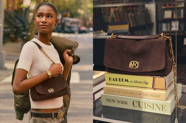 model with brown suede crossbody bag