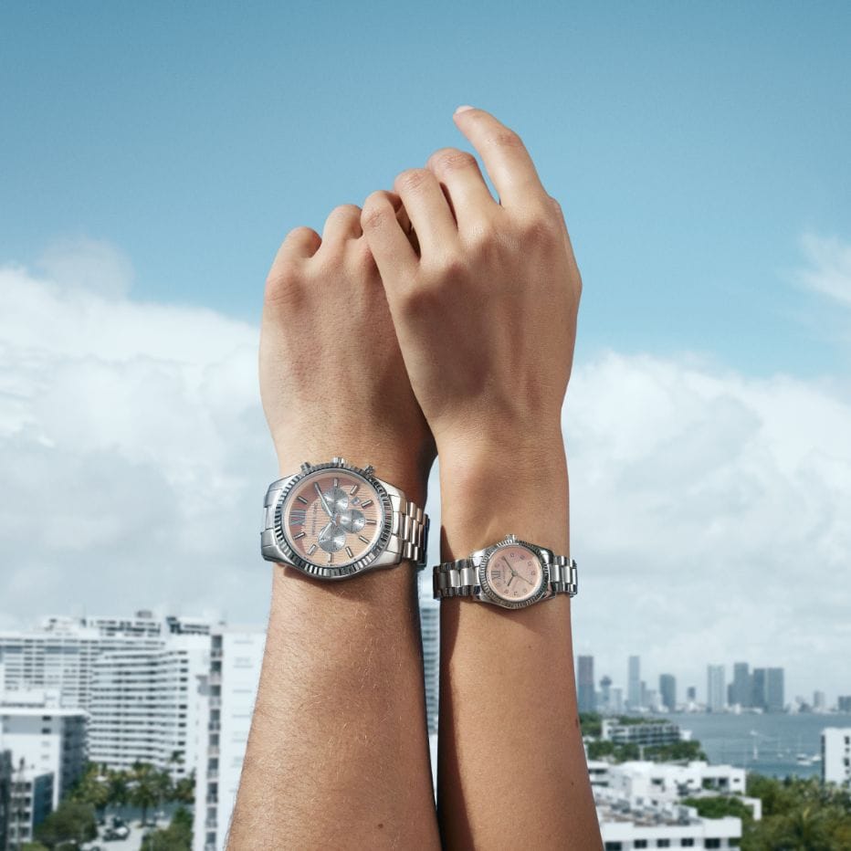 silver and pink watches