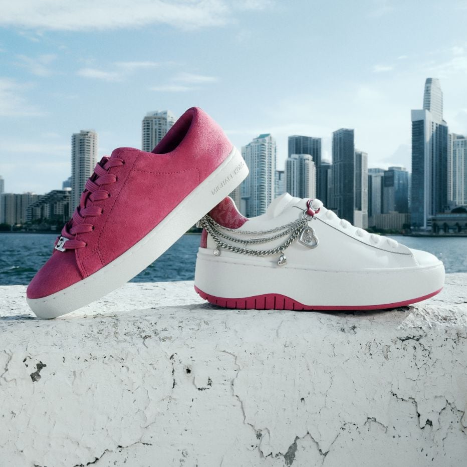 pink and white sneakers